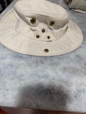 Tilley women Cream Cotton Bucket Hat with Gold Eyelets